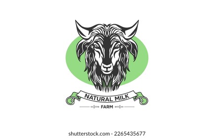 Vector logo or emblem. Monochrome head of a horned good goat with a ribbon and an inscription, natural milk, farm. White isolated background.