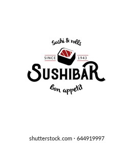 Vector logo and emblem for restaurants of Japanese food in a retro style with lettering and icon and shape of sushi, roll