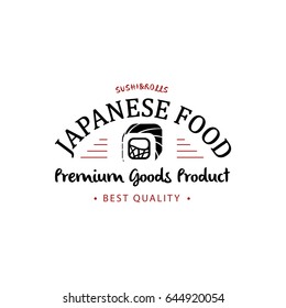 Vector logo and emblem for restaurants of Japanese food in a retro style with lettering and icon and shape of sushi, roll