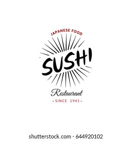 Vector logo and emblem for restaurants of Japanese food in a retro style with lettering and icon and shape of sushi, roll