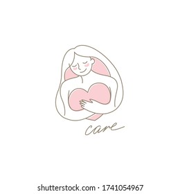 Vector Logo And Emblem In Simple Line Style. Young Woman Hugs A Heart With Care And Love. Self Care And Body Positive Concept. Flat Vector Illustration