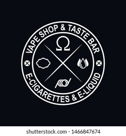 Vector logo or emblem of the vape shop and vape taste bar with e-cigarettes and e-liquids