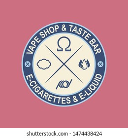 Vector logo or emblem of the vape shop and vape taste bar with e-cigarettes and e-liquids