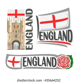 Vector logo for England, 3 isolated illustrations: Monkgate Monk Bar of York City Walls on background national state flag, symbol of England architecture and english flag red rose green leaf closeup