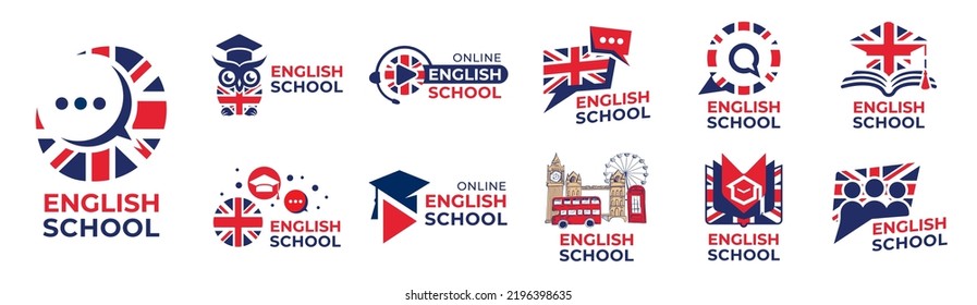 Logo vectorial de la escuela de inglés, seminario web, formación