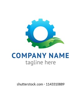 Vector logo for environmentally friendly production, industry, factory with green leaf and gear