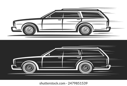 Vector logo for Estate Car, automotive decorative banners with contour illustration of big monochrome classic estate car in moving, running clip art family station wagon on black and white background