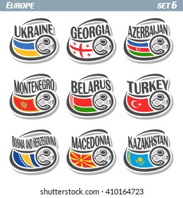 Vector logo for European football ball flag, soccer Ukraine, Georgia, Azerbaijan, Montenegro, Belarus, Turkey, Bosnia and Herzegovina, Macedonia, Kazakhstan, set national state flags, soccer balls.