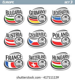 Vector logo for European football ball flag, soccer Bulgaria, Germany, Liechtenstein, Austria, Czech Republic, Poland, France, Switzerland, Hungary, set 9 national state flags, european soccer balls. 