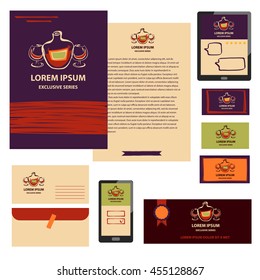 Vector logo for exclusive series alcoholic beverage for menu cafe, bar, restaurant. Corporate identity and banner illustration with cognac glass and bottle.