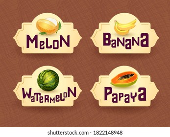 Vector logo for exotic thai fruits, fruits from thailand, packaging sticker, decorative badge with thai fruits illustration. Melon, banana, watermelon, papaya. Vector illustration