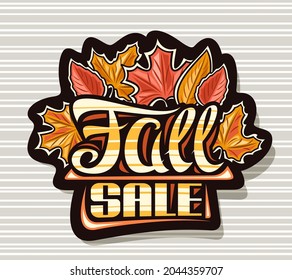 Logotipo vectorial para Fall Sale, tablero de anuncios decorativo oscuro con ilustración de hojas de arce amarillas secas y hoja de álamos de dibujos animados dorados, concepto publicitario con letras únicas para las palabras se venden.