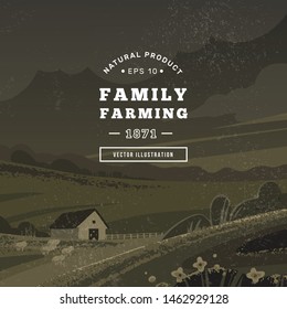 Vector logo of a family farm with text and a year of creation on the background of a vector illustration written by hand with a shape and mount in the background.