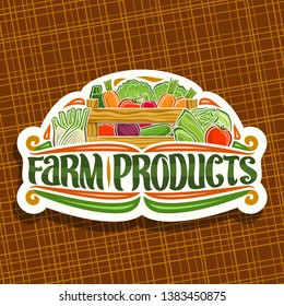 Vector logo for Farm Products, white sign board with heap of cucumber, raw beetroot and marrow in wood carrying crate, typography for words farm products, rural design label with veggie for farm store