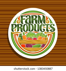 Logotipo vectorial para productos agrícolas, rótulo blanco con montón de zucchini, raíz de remolacha cruda y médula en carcasas de madera, tipografía para palabras productos agrícolas, etiqueta de diseño rural con verduras para la tienda de la granja.