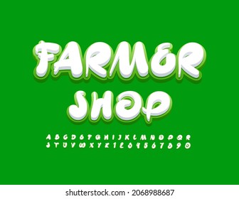 Logotipo de vectores Tienda de granjeros con letra manuscrita. Letras y números de alfabeto blanco y verde