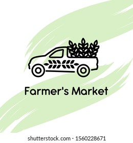Vector logo for farming. Pickup truck carrying wheat. Design element for livestock, farming, farming, peasantry, ecology, eco-life, environmental friendliness. Template for logos, textiles, packaging.