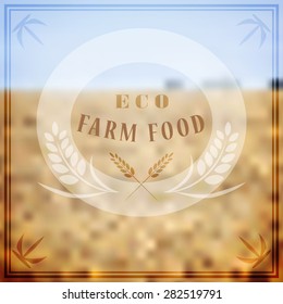 Vector logo for farming. Premium quality. Blurred landscape background with rye cereals