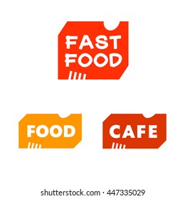 Vector logo fast food cafe, bar, restaurant. Logotype emblem with color red, orange concept table with trace of spoon and fork. 