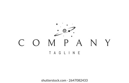 A vector logo featuring an abstract image a planet with a curved orbit line set against a starry background.
