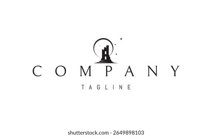 A vector logo featuring an abstract image a stylized tower silhouette standing against the backdrop of a full moon.
