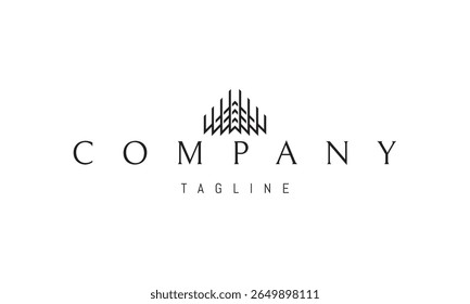 Um logotipo vetorial com uma imagem abstrata uma pirâmide geométrica construída com linhas verticais, criando uma sensação de profundidade e simetria.