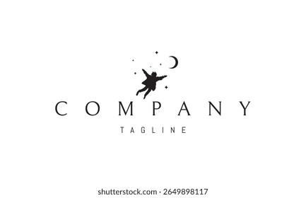 A vector logo featuring an abstract image a flying boy soaring across the sky , symbolizing dreams and imagination.