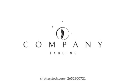 Um logotipo vetorial com uma imagem abstrata uma pena fechada dentro de um círculo, lembrando a lua e evocando suavidade, calma e elegância.