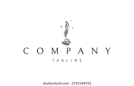 A vector logo featuring an abstract image an ink pen in an inkwell, symbolizing creativity, writing, knowledge, and timeless expression.
