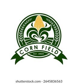 vector logo featuring a corn cob at stalks and farmland lines for an agricultural bran