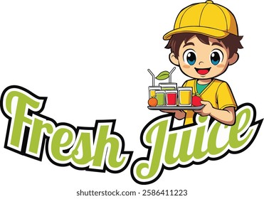 A vector logo featuring a cute cartoon chef boy holding a tray with fresh juice. Perfect for juice bars, cafes, and healthy food businesses. This design conveys a sense of fun, quality, and drink 