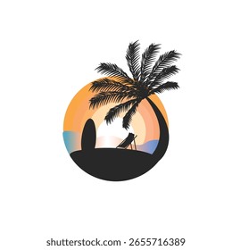 Logotipo de Vector con una palmera siluetada y una tumbona colocadas dentro de un escenario de puesta de sol circular, con tonos cálidos naranjas y suaves pastel. Ideal para la marca del resort, campañas de verano, carteles de viaje, tro