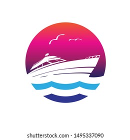 A vector logo featuring a sleek luxury yacht cruising on ocean waves under a vibrant sunset sky with seagulls. This modern circular design uses a sophisticated pink, purple, and blue gradient to represent elegance and adventure. Perfect for yacht charters, boat rentals, maritime logistics, luxury travel agencies, sailing clubs, and nautical lifestyle brands.