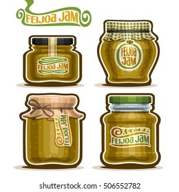 Vector logo Feijoa Jam in glass Jars with paper cover lid, rustic Pot home made feijoa jams, twine rope bow, homemade fruit jam jar, farm jelly pot with label, checkered cloth cap, isolated on white.