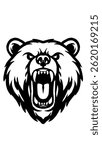 vector or logo of a fierce bear head without color roaring and showing its fangs