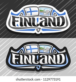 Vector logo for Finland country, fridge magnet with finnish flag, original brush typeface for word finland and finnish symbol - white swan in lake of koli national park on blue cloudy sky background.