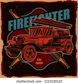 Logotipo de Vector de un camión de bomberos sobre un fondo oscuro. Ilustración para estampado, logotipo o camiseta.