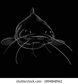 The Vector logo fish on black cloth for T-shirt print  design or outwear.  Fishing style grouper  background. This drawing would be nice to make on the black fabric or canvas.