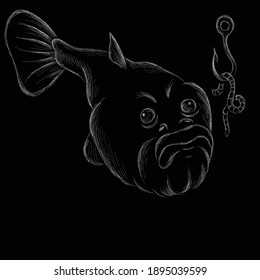 The Vector logo fish on black cloth for T-shirt print  design or outwear.  Fishing style grouper  background. This drawing would be nice to make on the black fabric or canvas.