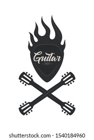 Vector logo flame guitar skull with crossbones. Isolated on white background.