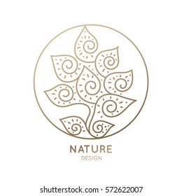 Vector logo of floral element. Abstract flower in round icon. Linear emblem for design of natural products, flower shop, cosmetics and ecology concepts, health, spa and yoga, holistic medicine Center.