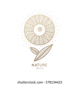 Vector logo of floral element. Abstract round flower with petals. Linear emblem for design of natural products, flower shop, cosmetics and ecology concepts, health, spa and yoga Center.