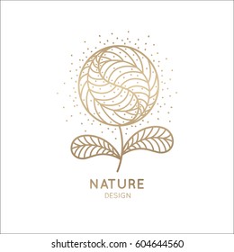 Vector logo of floral element. Abstract round flower with petals. Linear emblem for design of natural products, flower shop, cosmetics and ecology concepts, health, spa and yoga Center.
