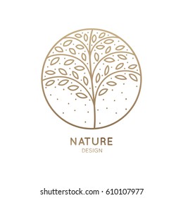 Vector logo of floral element. Abstract tree with leafs in circle. Linear round emblem for design of natural products, flower shop, cosmetics and ecology concepts, health, spa and yoga Center.
