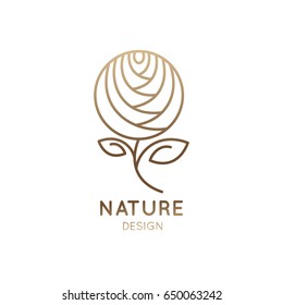 Vector logo of floral element. Abstract rose flower outline icon. Linear emblem for design of business, flower shop, cosmetics and ecology concepts, health, spa and beauty saloon.