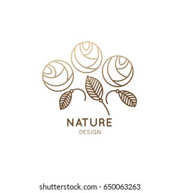 Vector logo of floral element. Abstract flower buds. Rose outline icon. Linear emblem for design of business, flower shop, cosmetics and ecology concepts, health, spa and beauty saloon.