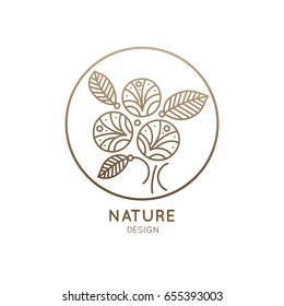 Vector logo of floral element. Abstract flower buds in a circle. Outline bouquet icon. Linear emblem for design of business, flower shop, cosmetics and ecology concepts, health, spa and beauty saloon.