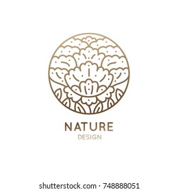 Vector logo of floral element. Abstract round blossoming flower with petals. Linear emblem for design of natural products, flower shop, cosmetics and ecology concepts, health, spa and yoga Center.