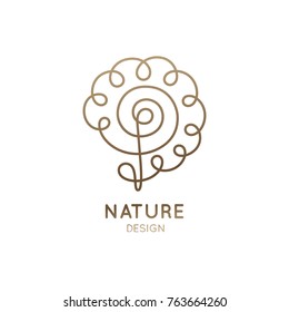 Vector logo of floral element. Abstract ornate flower icon.  Simple linear emblem for design of natural products, flower shop, cosmetics and ecology concepts, health, spa and yoga Center.