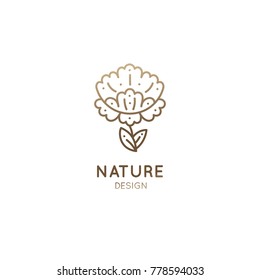 Vector logo of floral element. Abstract simple blossoming flower with petals. Linear emblem for design of natural products, flower shop, cosmetics and ecology concepts, health, spa and yoga Center.